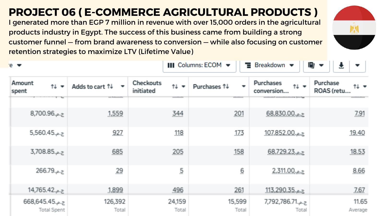 Agricultural Brand — 11.12x ROAS · 12,904 orders (ad-manager screenshot)